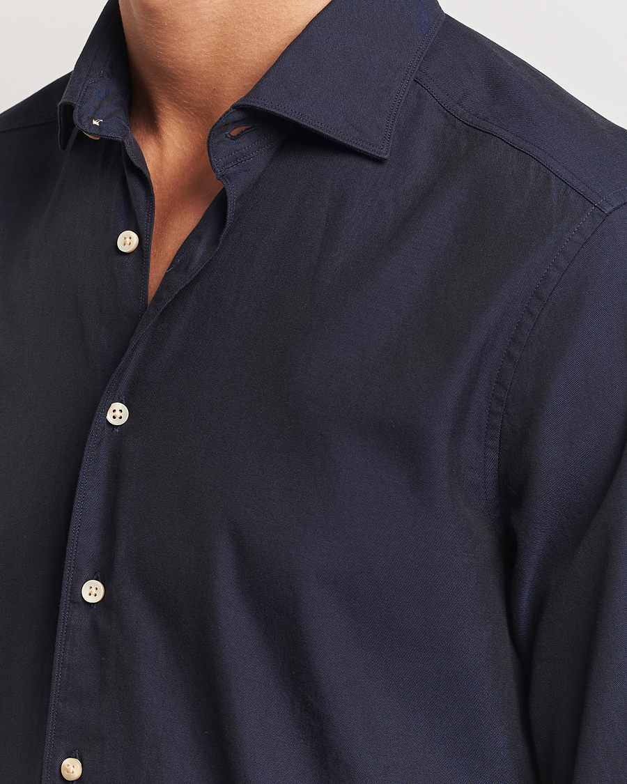 Homme | Chemises | Stenströms | Slimline Cut Away Washed Twill Shirt Navy