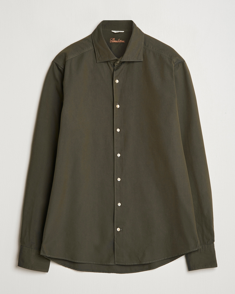 Homme | Chemises | Stenströms | Slimline Cut Away Washed Twill Shirt Dark Green