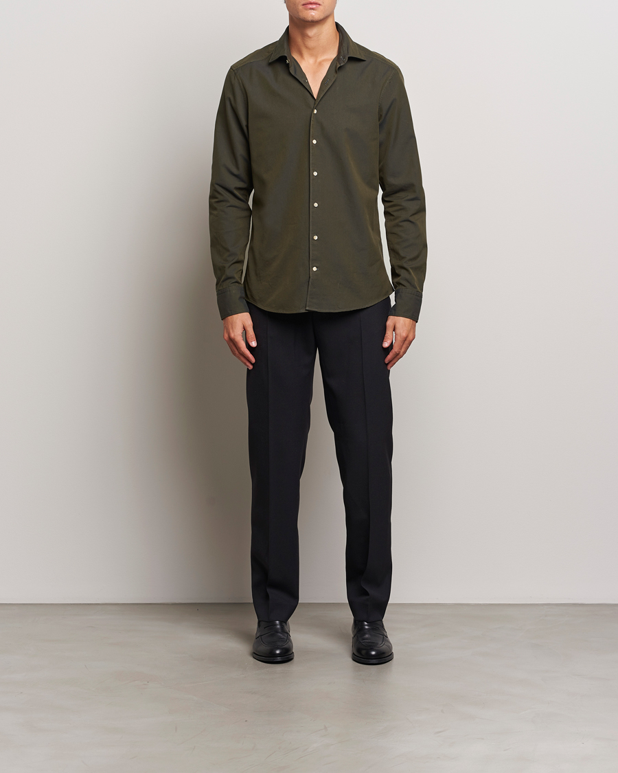 Homme | Chemises | Stenströms | Slimline Cut Away Washed Twill Shirt Dark Green