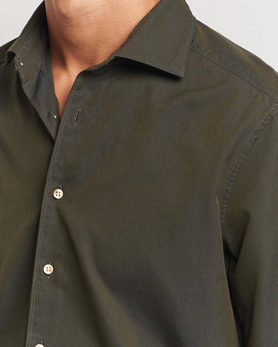Homme | Chemises | Stenströms | Slimline Cut Away Washed Twill Shirt Dark Green