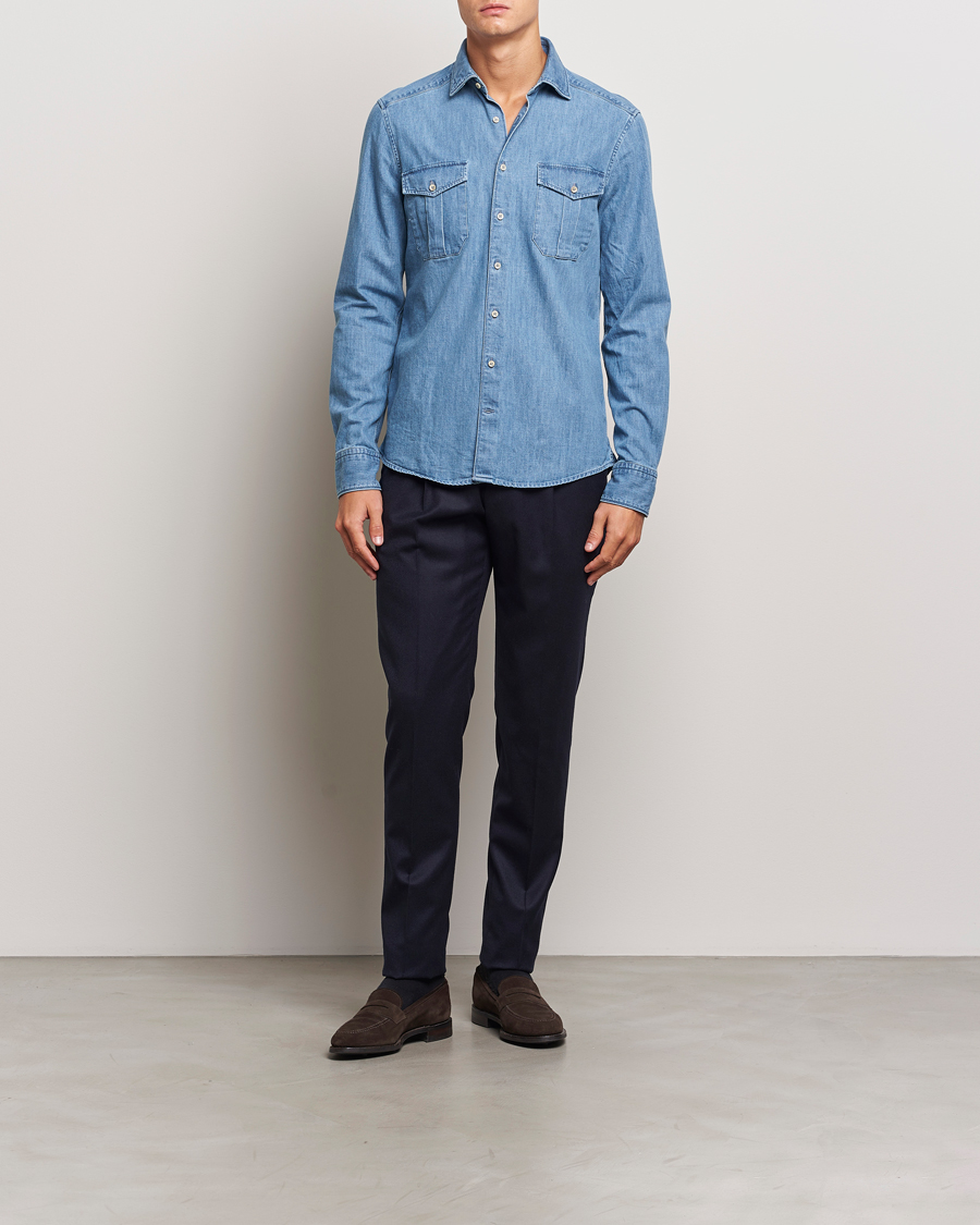 Homme | Chemises | Stenströms | Slimline Double Pocket Denim Shirt Blue
