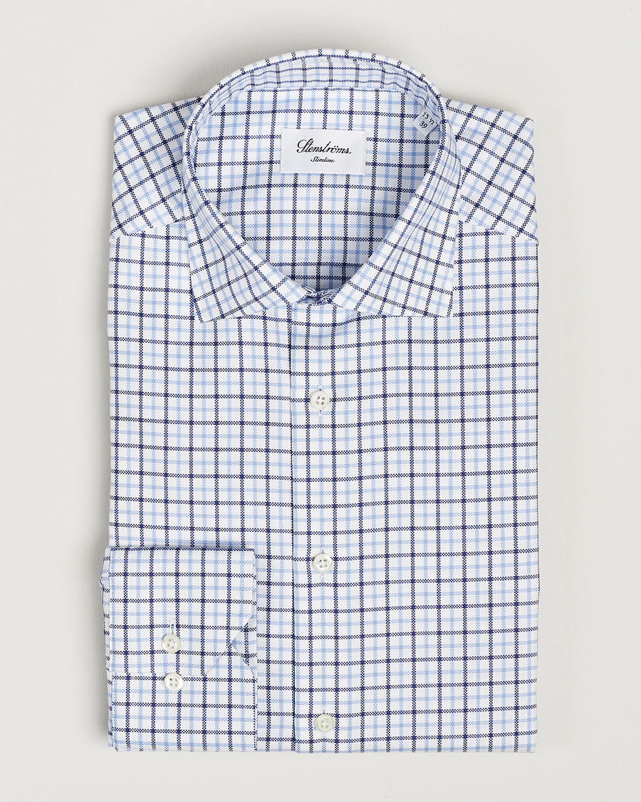 Homme | Chemises | Stenströms | Slimline Small Checked Cut Away Shirt Blue