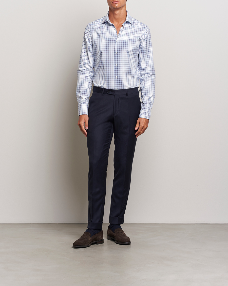 Homme | Chemises | Stenströms | Slimline Small Checked Cut Away Shirt Blue