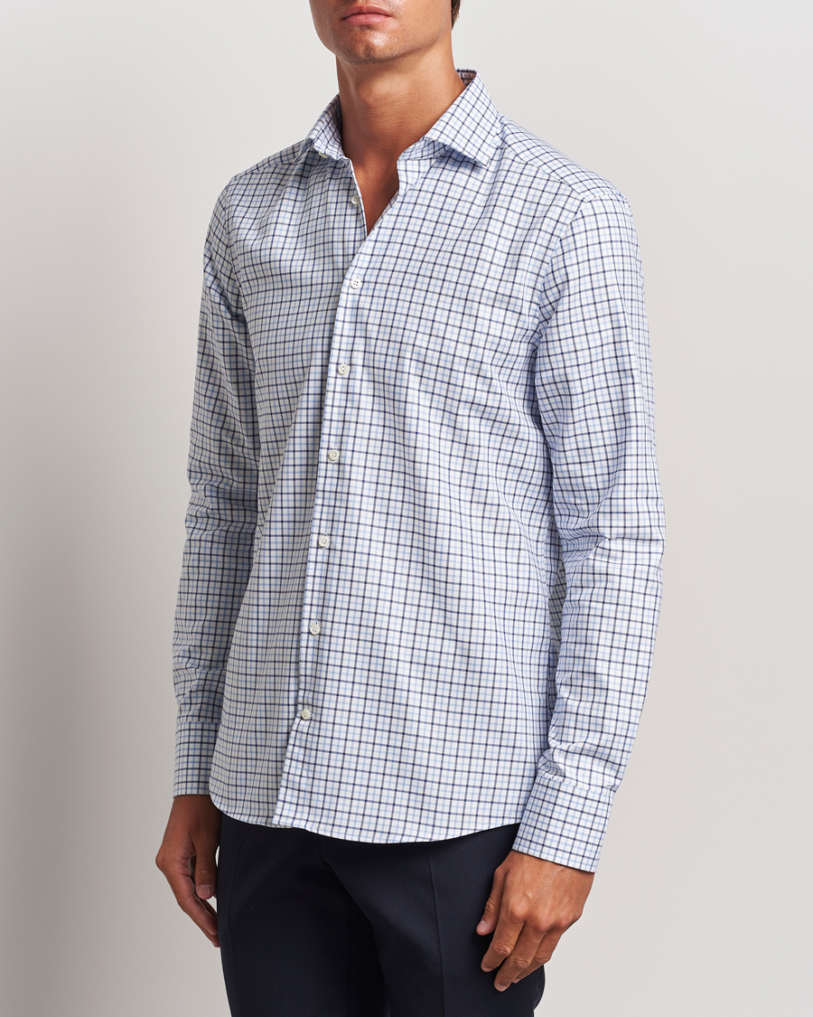 Homme | Chemises | Stenströms | Slimline Small Checked Cut Away Shirt Blue