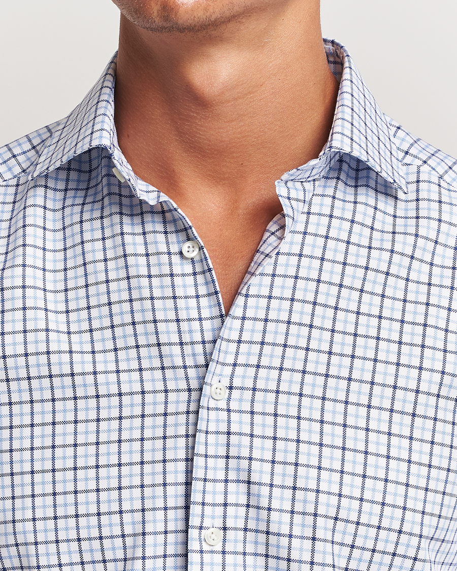 Homme | Chemises | Stenströms | Slimline Small Checked Cut Away Shirt Blue