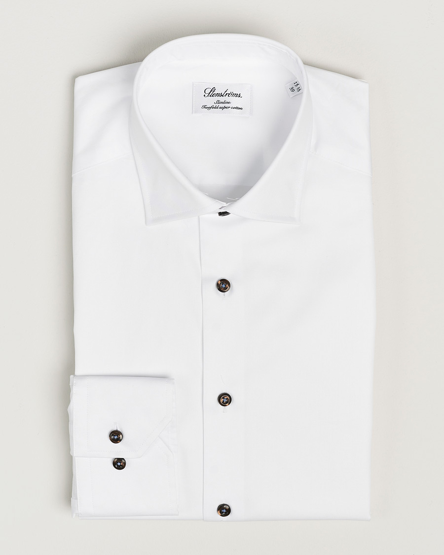 Homme | Chemises | Stenströms | Slimline Cut Away Contrast Button Shirt White/Brown