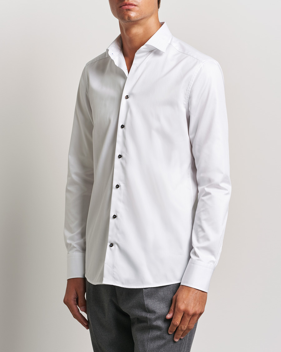 Homme | Chemises | Stenströms | Slimline Cut Away Contrast Button Shirt White/Brown