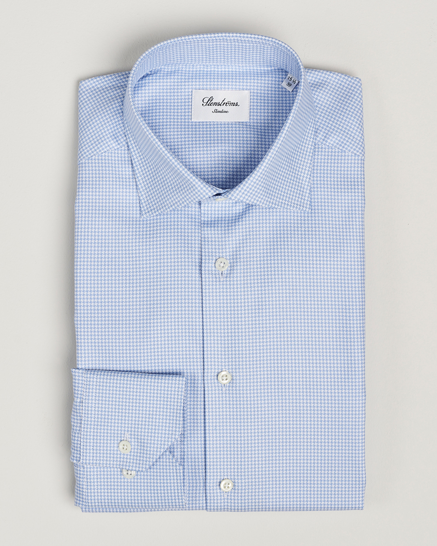Homme | Chemises | Stenströms | Slimline Houndstooth Cut Away Shirt Light Blue