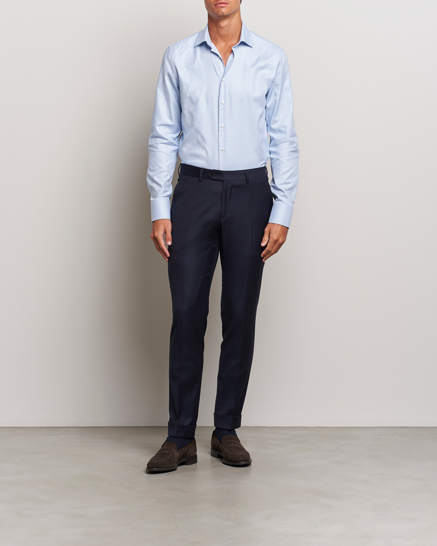 Homme | Chemises | Stenströms | Slimline Houndstooth Cut Away Shirt Light Blue