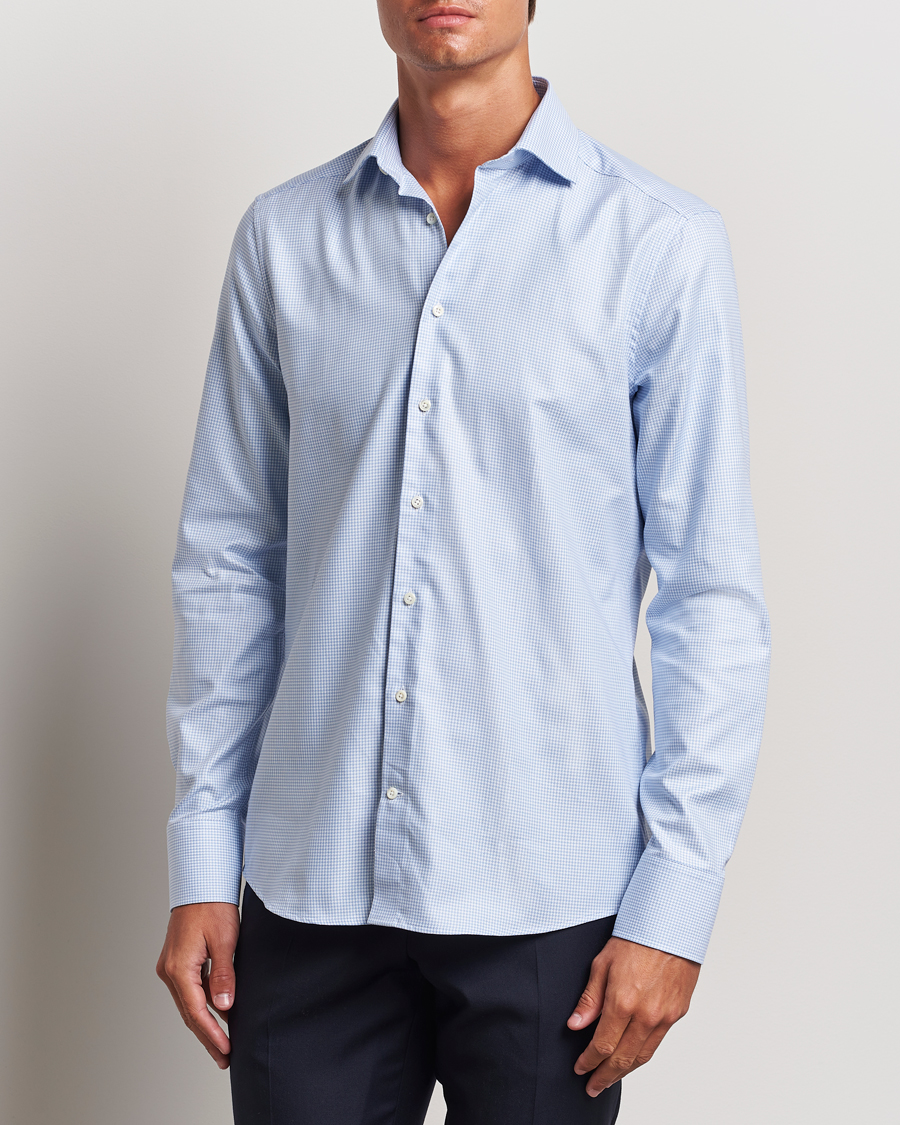 Homme | Chemises | Stenströms | Slimline Houndstooth Cut Away Shirt Light Blue