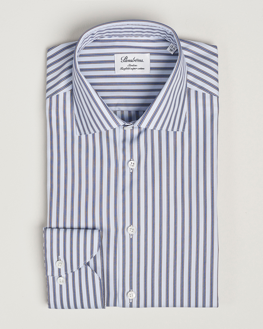 Homme | Chemises | Stenströms | Slimline Striped Luxury Oxford Shirt Blue