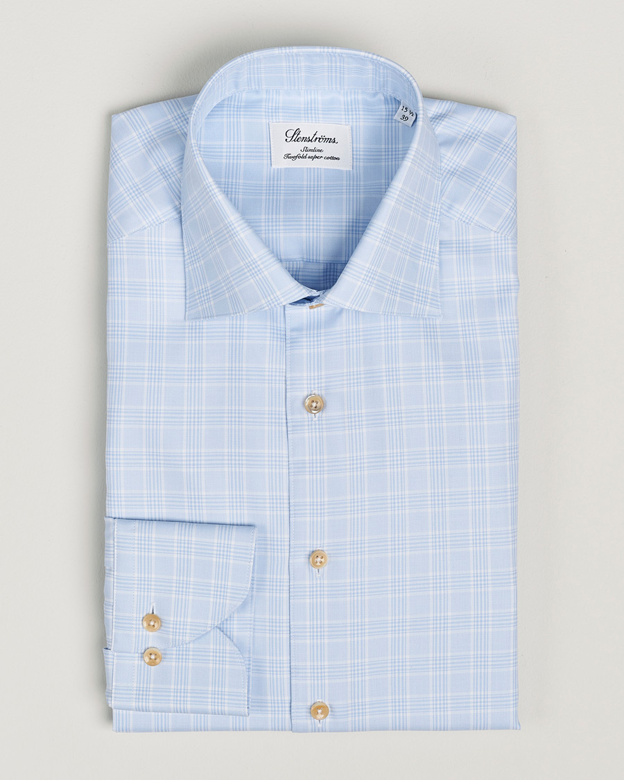 Homme | Chemises | Stenströms | Slimline Checked Twill Cut Away Shirt Light Blue