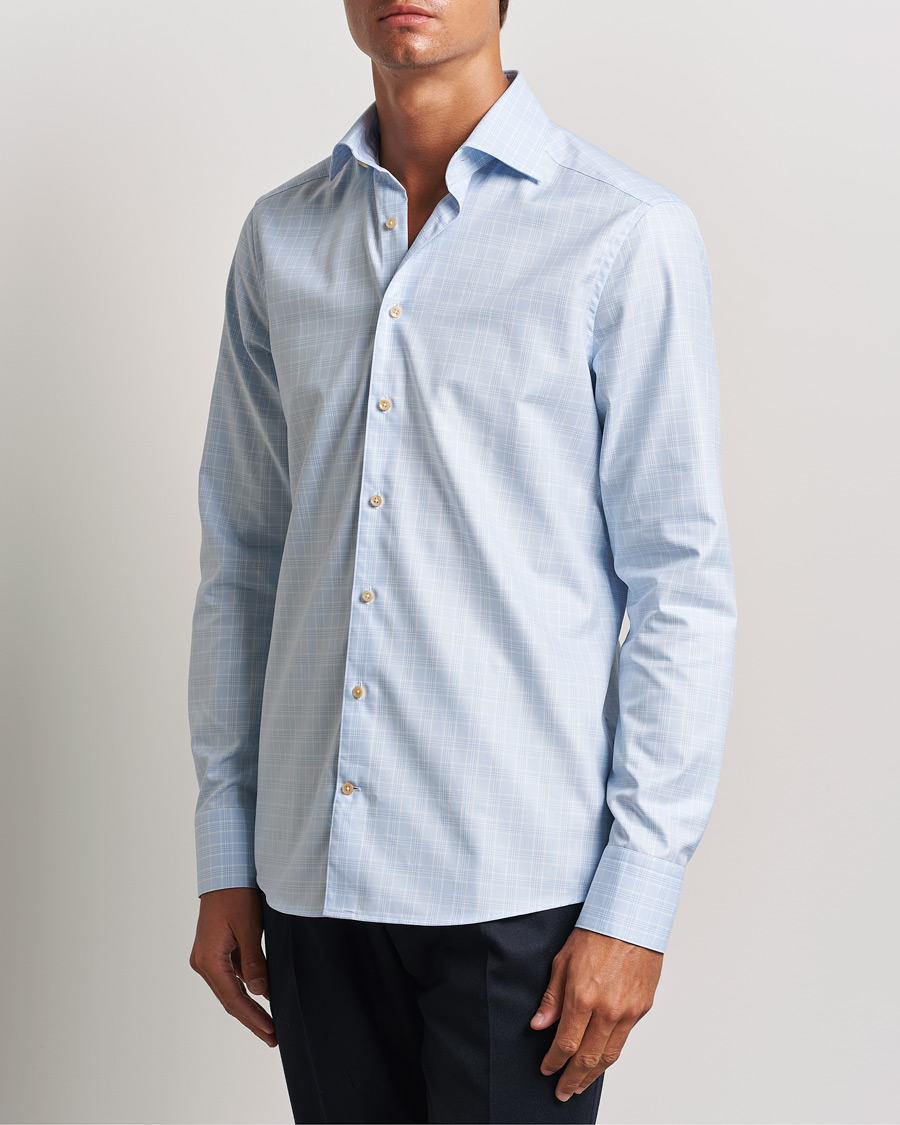 Homme | Chemises | Stenströms | Slimline Checked Twill Cut Away Shirt Light Blue