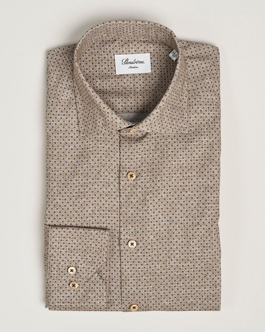 Homme | Chemises | Stenströms | Slimline Brushed Printed Cut Away Shirt Beige