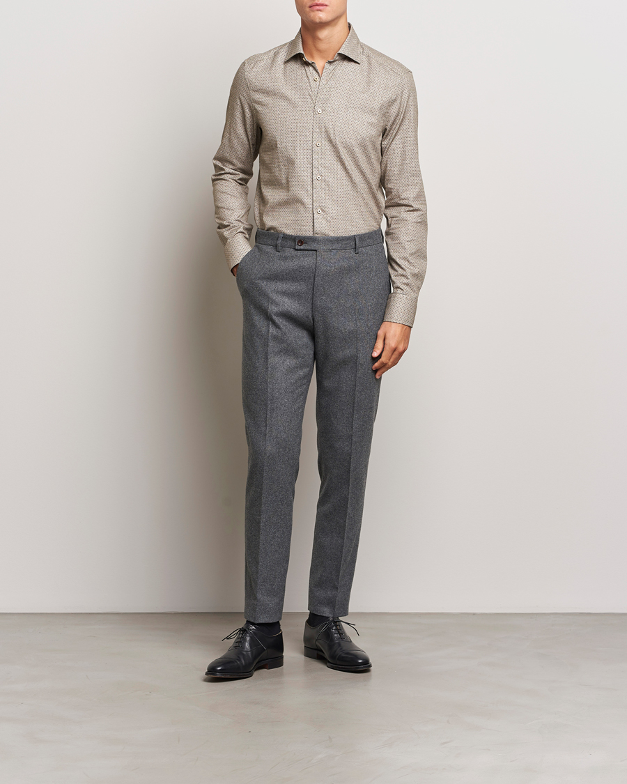 Homme | Chemises | Stenströms | Slimline Brushed Printed Cut Away Shirt Beige