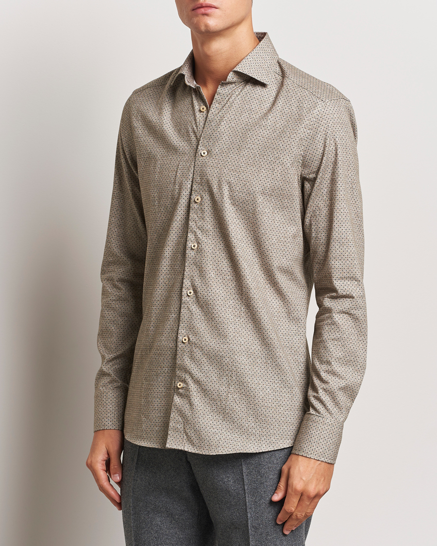 Homme | Chemises | Stenströms | Slimline Brushed Printed Cut Away Shirt Beige