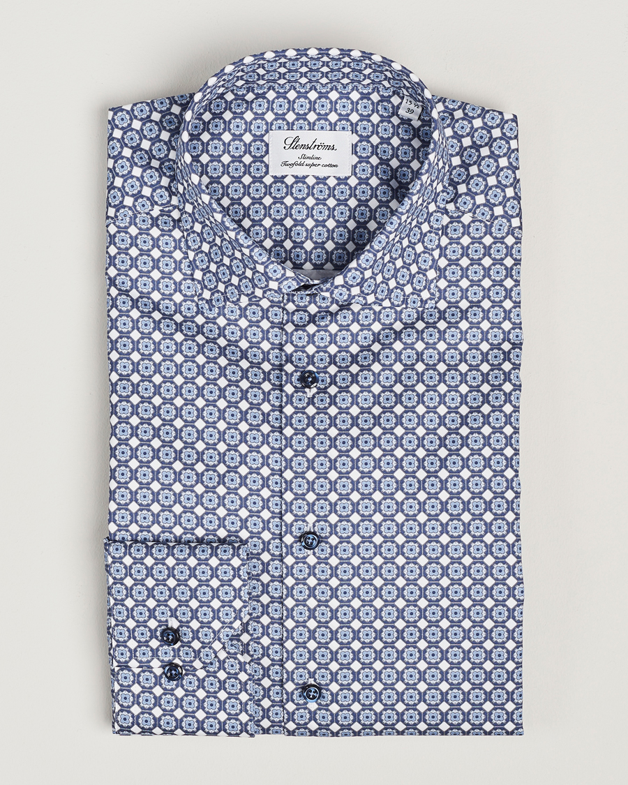 Homme | Chemises | Stenströms | Slimline Printed Twill Cut Away Shirt Blue