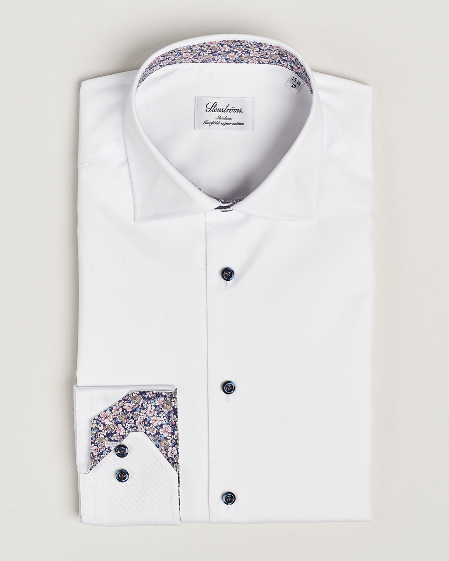 Homme | Chemises | Stenströms | Slimline Twill Flower Contrast Shirt White