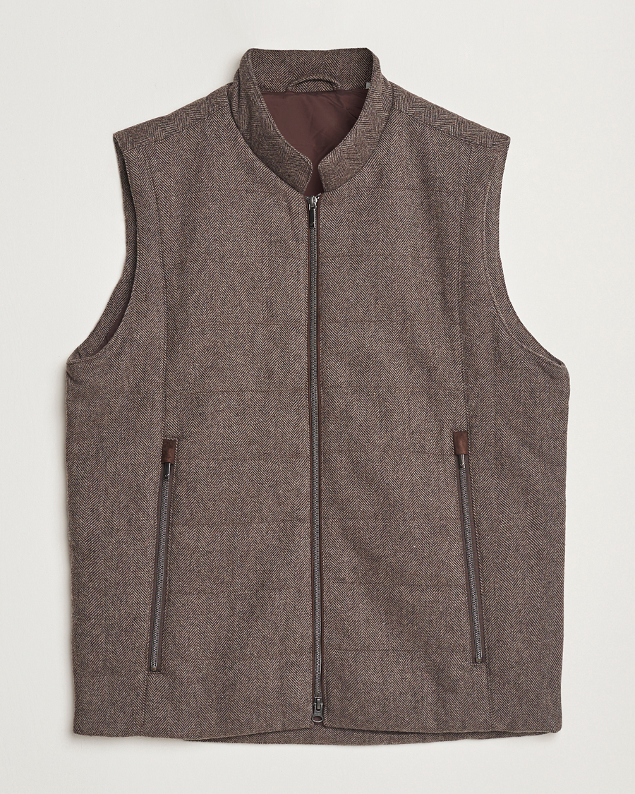 Homme | Manteaux Et Vestes | Stenströms | Alcantara Detail Herringbone Wool Vest Dark Brown