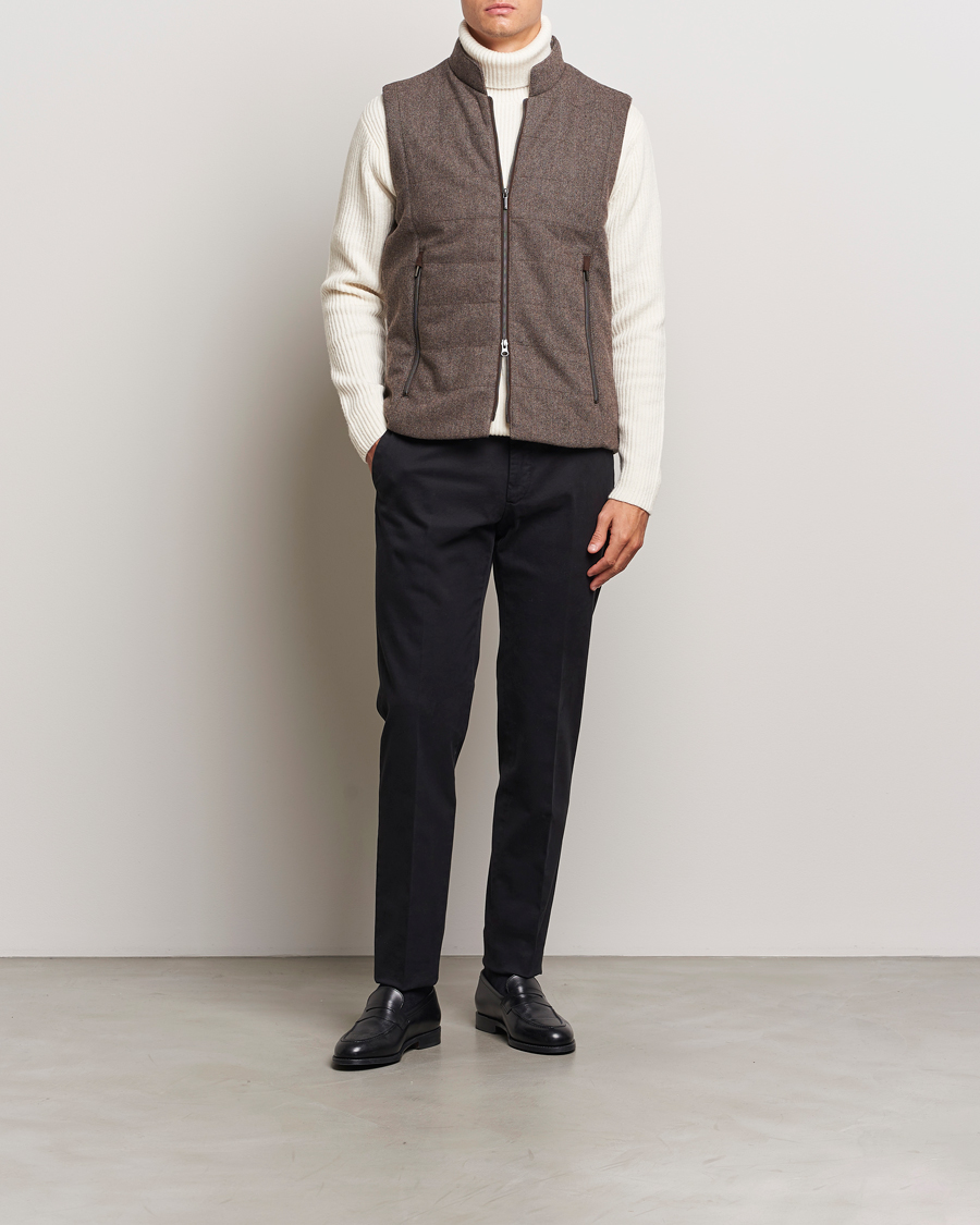 Homme | Manteaux Et Vestes | Stenströms | Alcantara Detail Herringbone Wool Vest Dark Brown