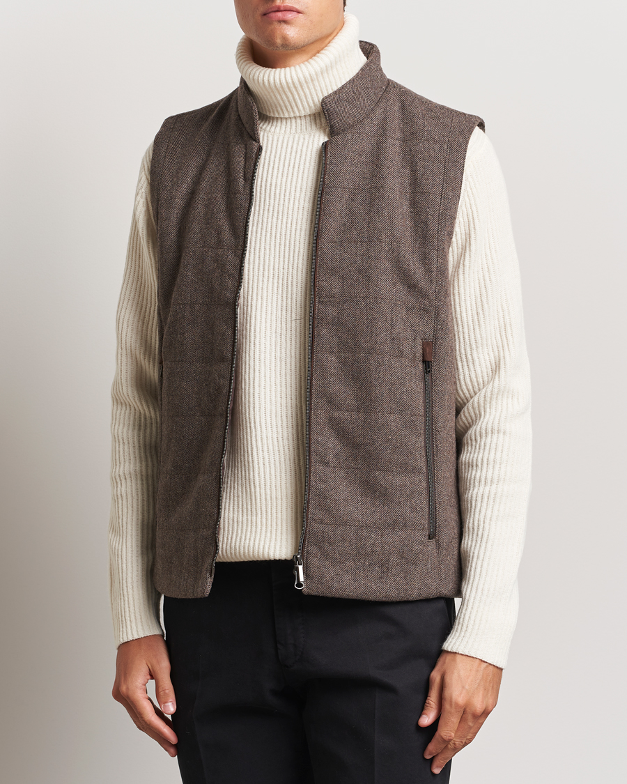 Homme | Manteaux Et Vestes | Stenströms | Alcantara Detail Herringbone Wool Vest Dark Brown
