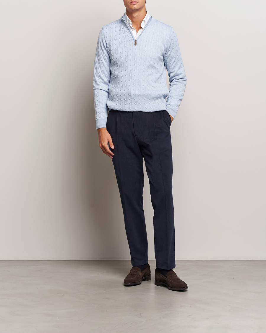 Homme | Pulls Et Tricots | Stenströms | Merino Cable Half Zip Light Blue