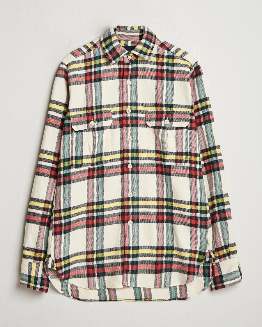 Homme | Chemises | Drake's | Brushed Cotton Work Shirt Ecru/Red/Green