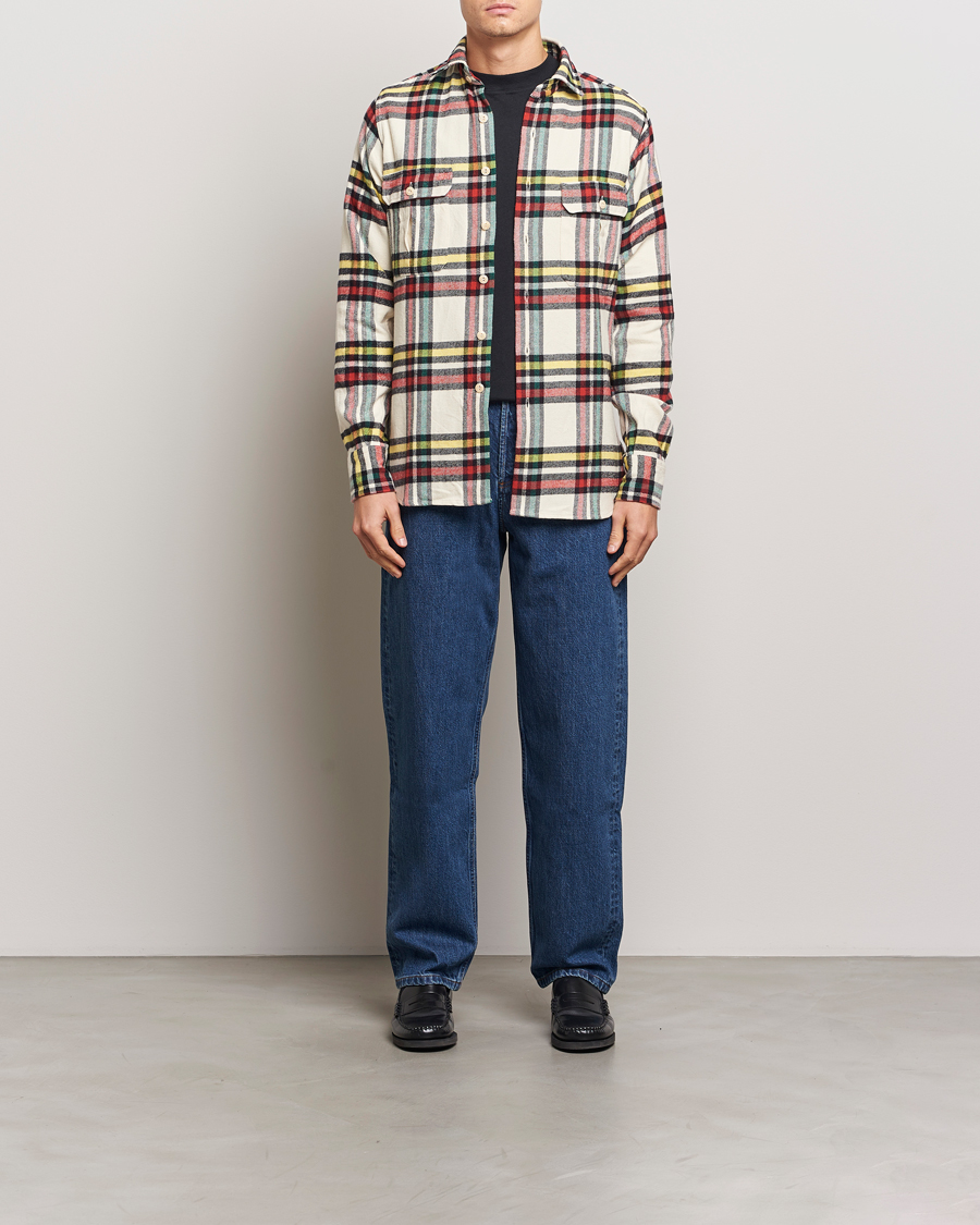 Homme | Chemises | Drake's | Brushed Cotton Work Shirt Ecru/Red/Green