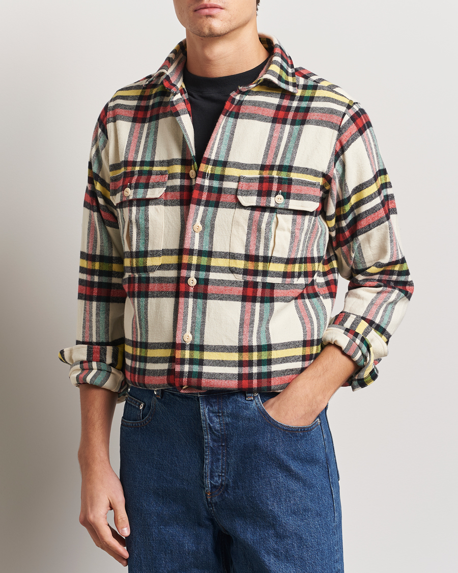 Homme | Chemises | Drake's | Brushed Cotton Work Shirt Ecru/Red/Green