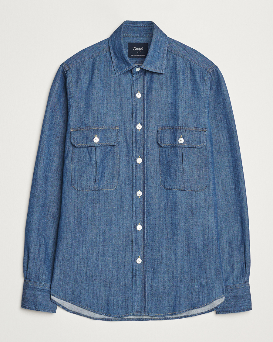 Homme | Chemises | Drake's | Denim Cotton Two Pocket Work Shirt Blue
