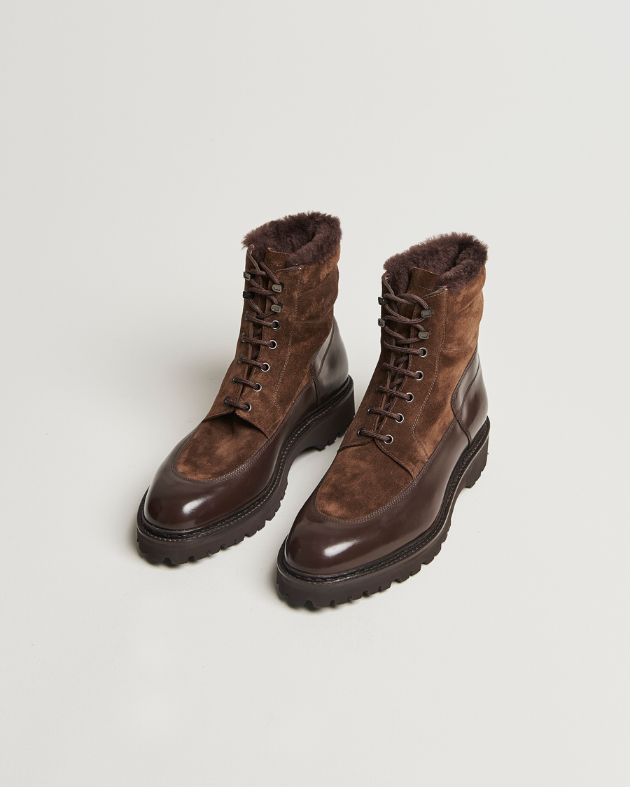 Homme | John Lobb Peak Shearling Lined Boots Dark Brown | John Lobb | Peak Shearling Lined Boots Dark Brown