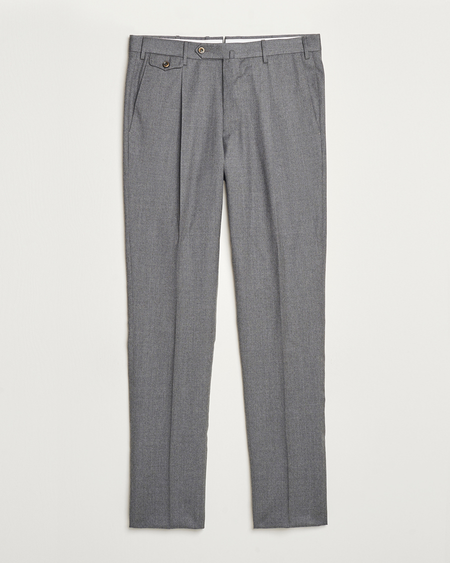 Homme | Pantalons | PT01 | Slim Fit Pleated Flannel Trousers Grey Melange