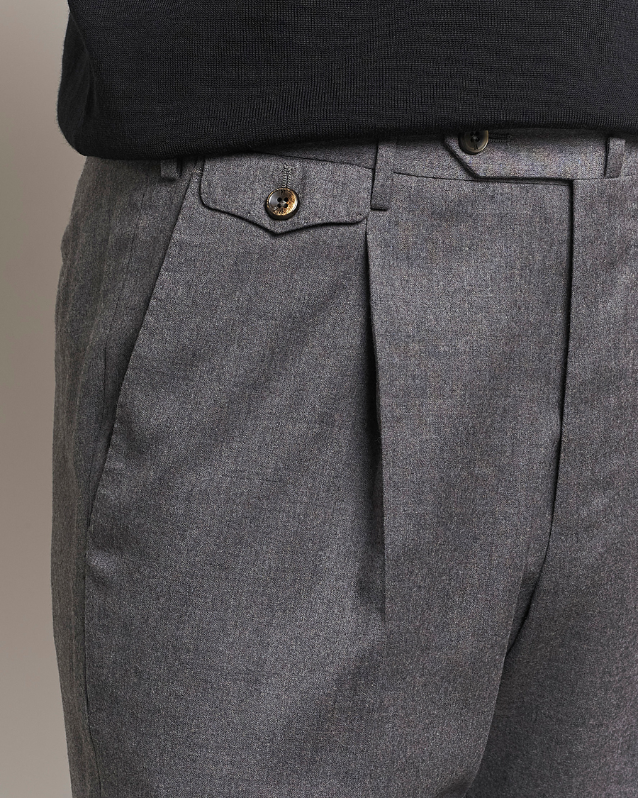 Homme | Pantalons | PT01 | Slim Fit Pleated Flannel Trousers Grey Melange