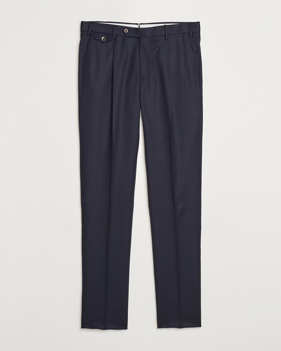 Homme | Pantalons | PT01 | Slim Fit Pleated Flannel Trousers Navy