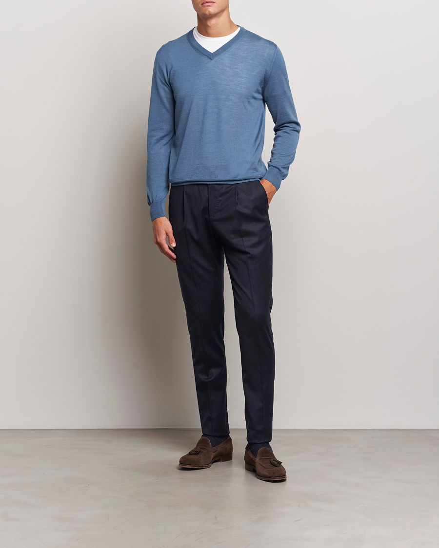 Homme | Pantalons | PT01 | Slim Fit Pleated Flannel Trousers Navy