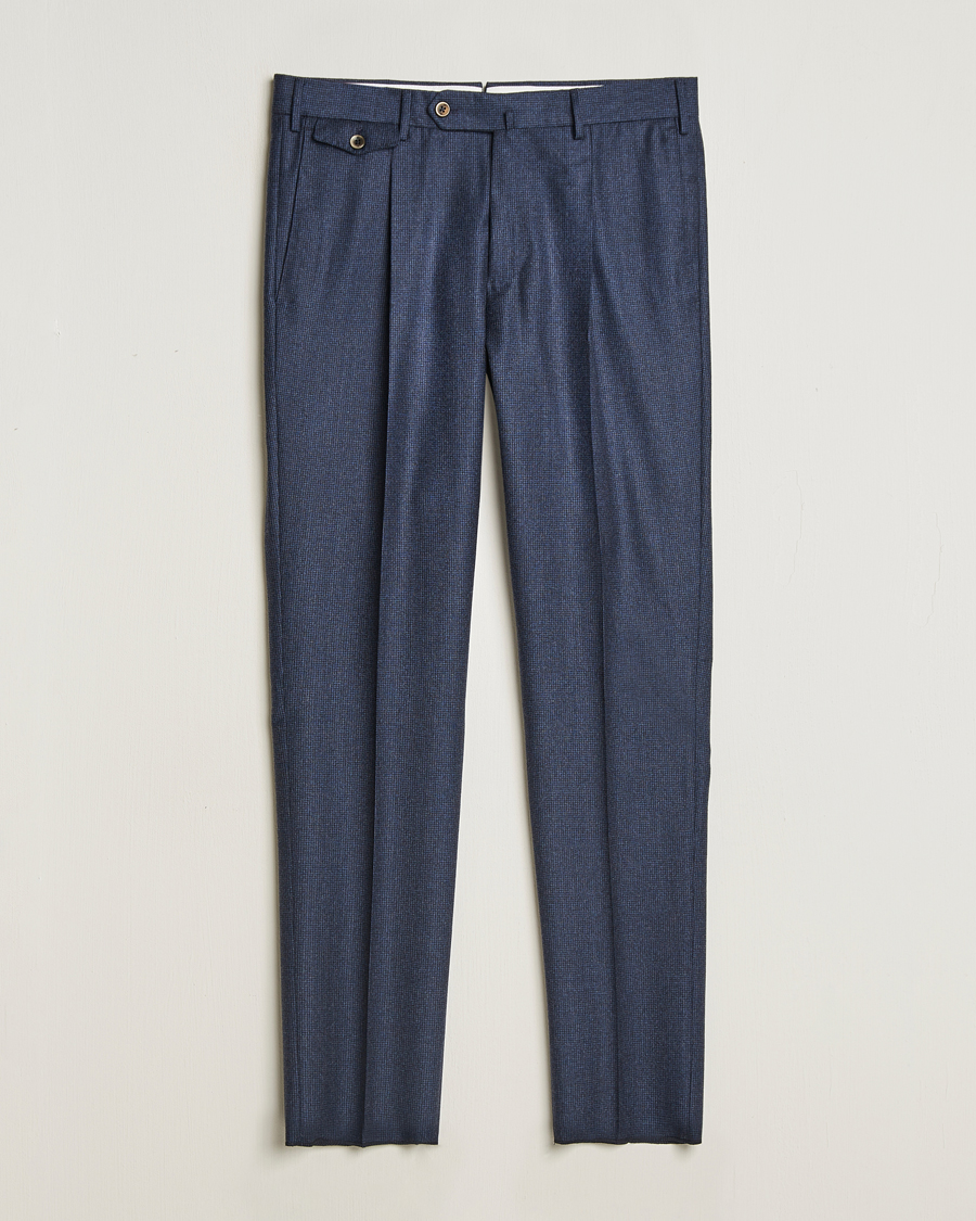 Homme | Pantalons | PT01 | Slim Fit Pleated Houndstooth Flannel Trousers Navy
