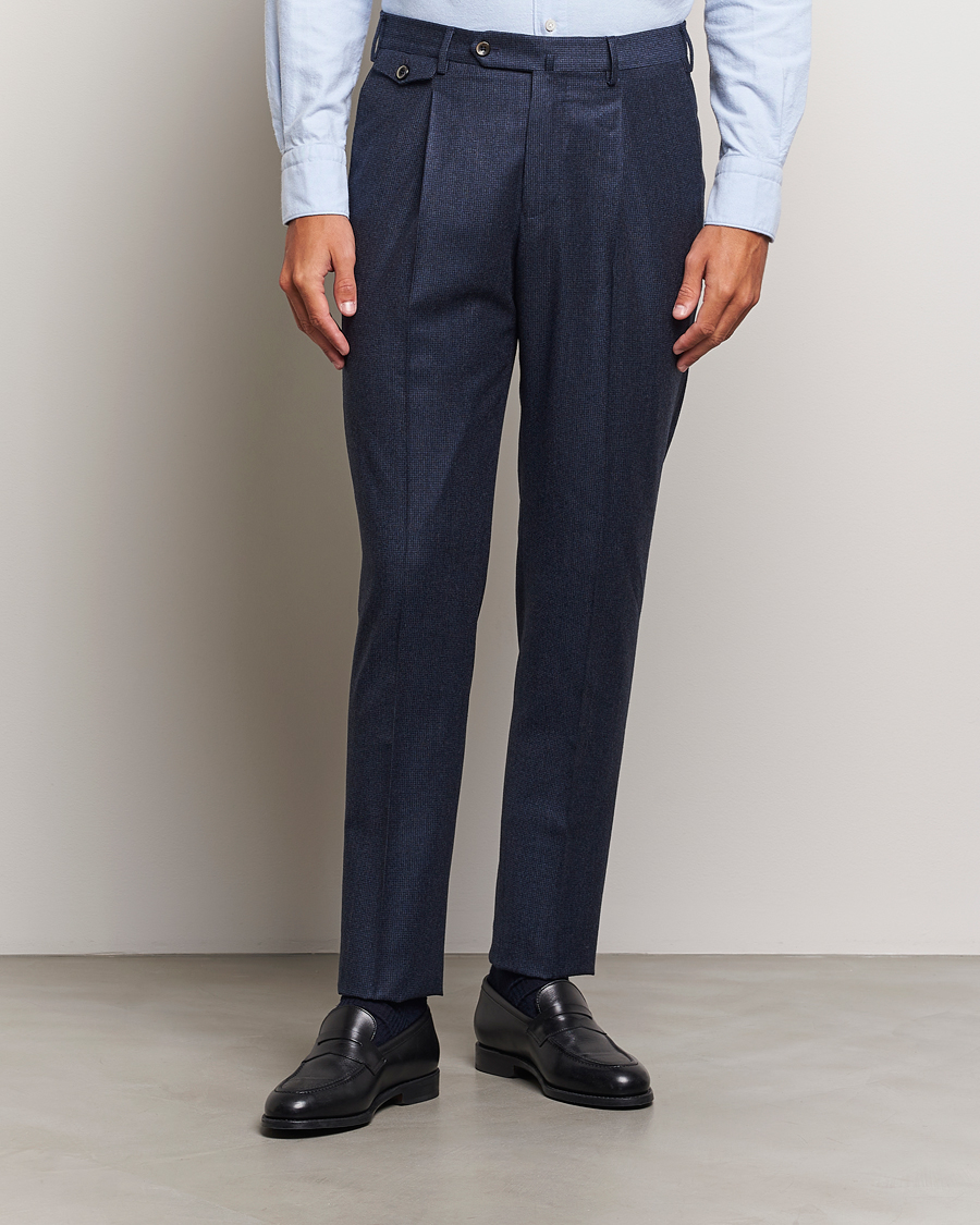 Homme | Pantalons | PT01 | Slim Fit Pleated Houndstooth Flannel Trousers Navy