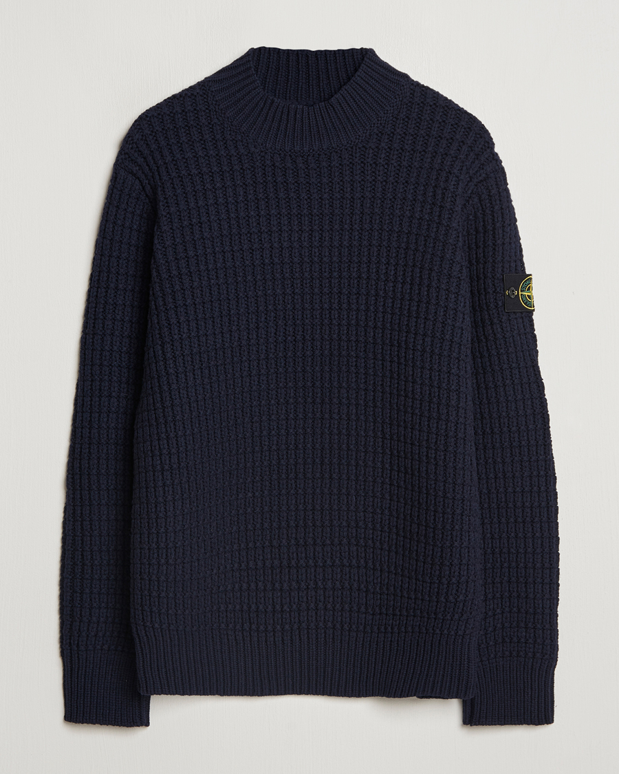 Homme | Pulls Et Tricots | Stone Island | Checkered Rib Stich Wool Mock Neck Navy Blue