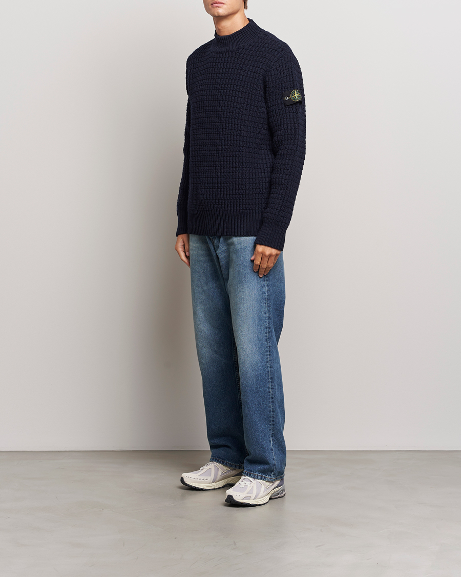 Homme | Pulls Et Tricots | Stone Island | Checkered Rib Stich Wool Mock Neck Navy Blue