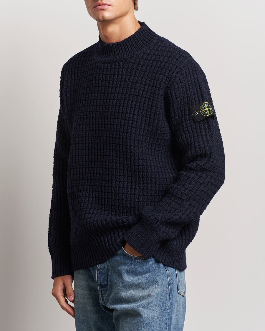 Homme | Pulls Et Tricots | Stone Island | Checkered Rib Stich Wool Mock Neck Navy Blue
