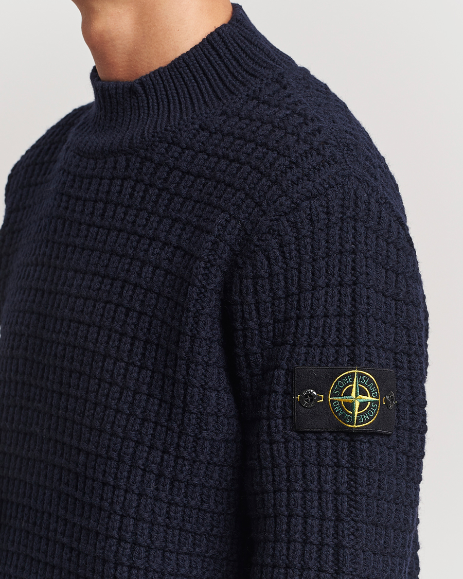 Homme | Pulls Et Tricots | Stone Island | Checkered Rib Stich Wool Mock Neck Navy Blue