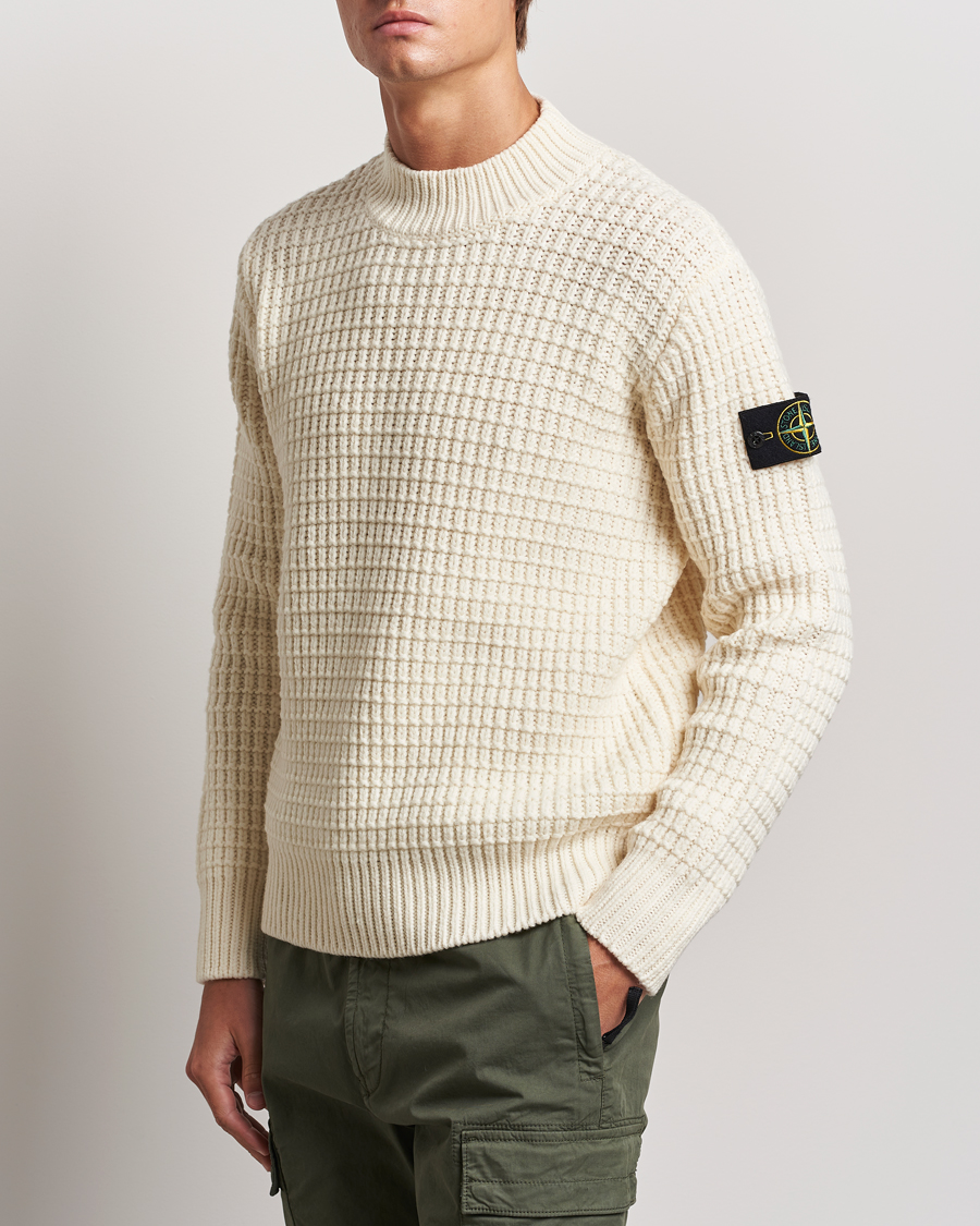 Homme | Pulls Et Tricots | Stone Island | Checkered Rib Stich Wool Mock Neck Natural