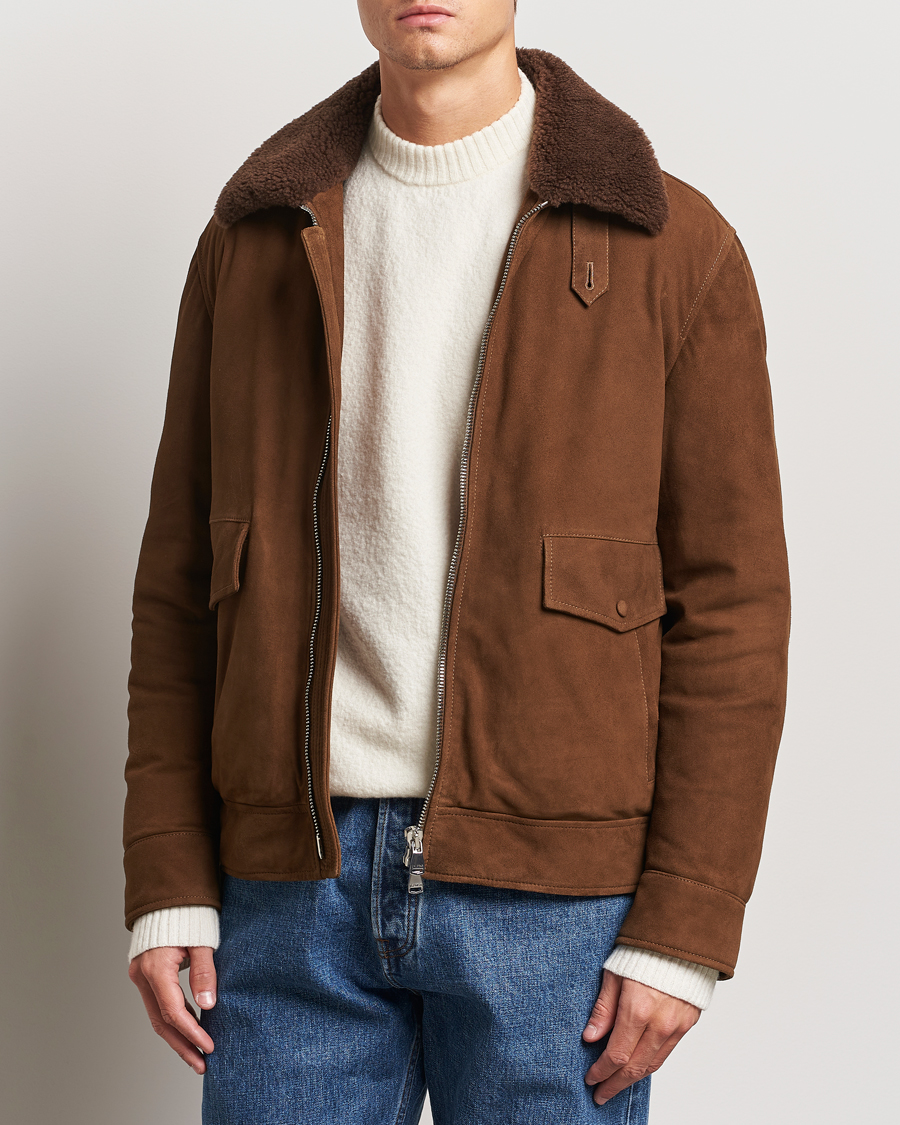 Homme | Manteaux Et Vestes | Valstar | Goose Down Shearling Flight Jacket Brown Suede