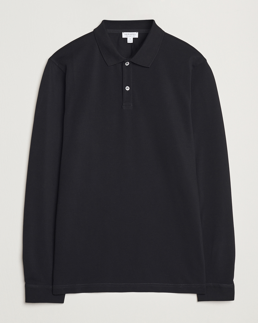 Homme | Pulls Et Tricots | Sunspel | Long Sleeve Pique Poloshirt Black