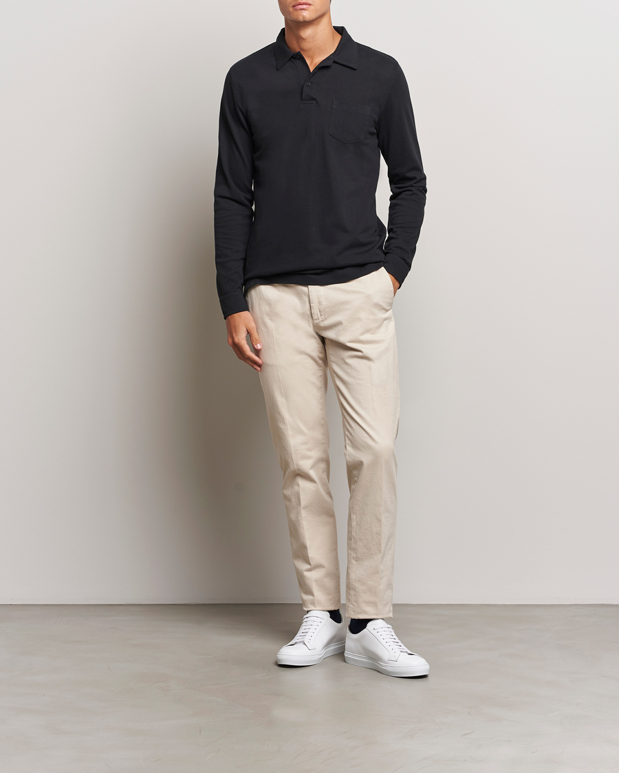 Homme | Pulls Et Tricots | Sunspel | Riviera Long Sleeve Polo Black