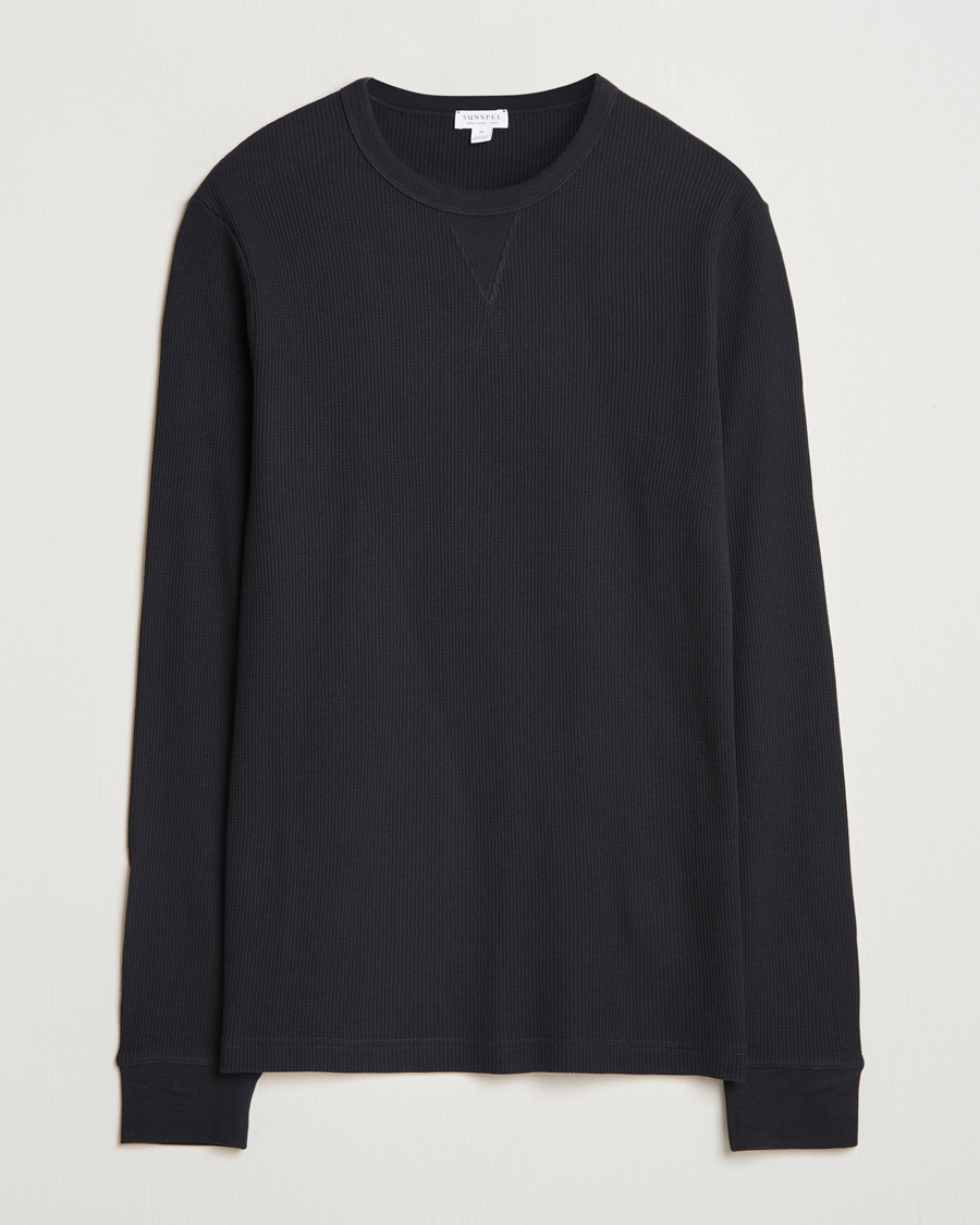 Homme | T-shirts | Sunspel | Long Sleeve Waffle T-Shirt Black