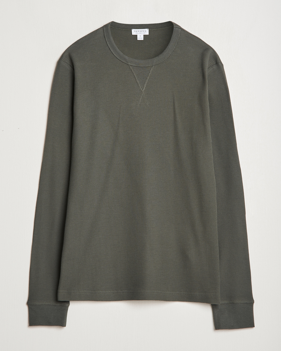 Homme | T-shirts | Sunspel | Long Sleeve Waffle T-Shirt Drill Green