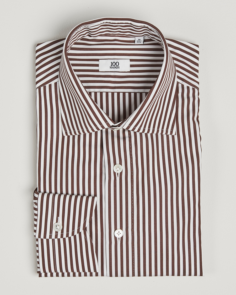 Homme | Chemises | 100Hands | Striped Cut Away Cotton Shirt Brown