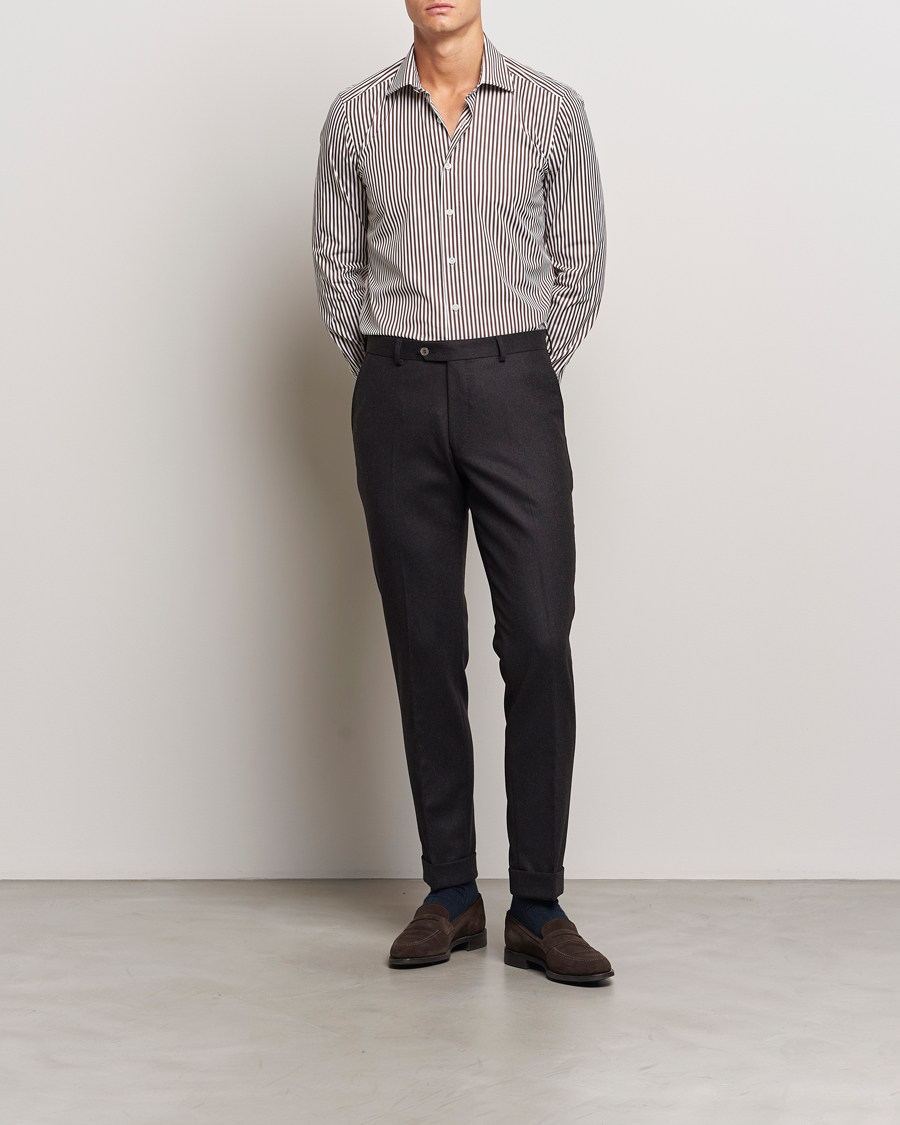 Homme | Chemises | 100Hands | Striped Cut Away Cotton Shirt Brown