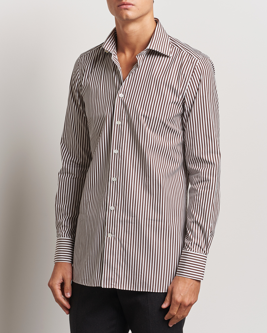 Homme | Chemises | 100Hands | Striped Cut Away Cotton Shirt Brown
